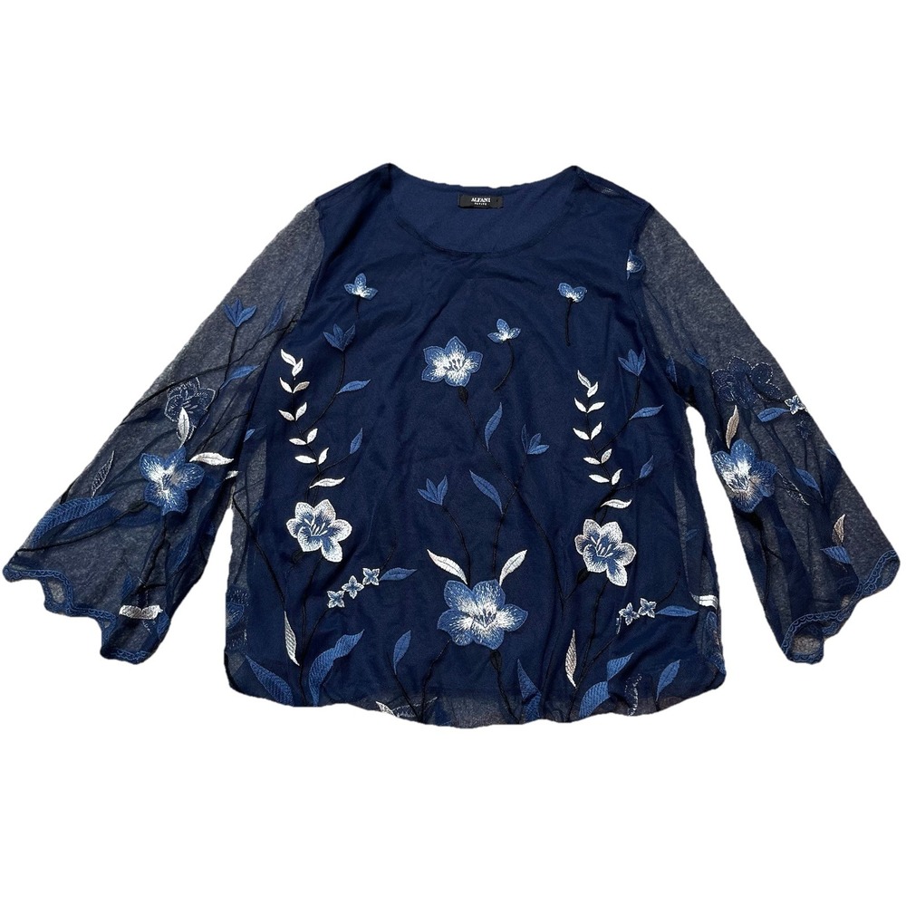 Alfani Women's Navy Embroidered Floral Sheer Sleeve Top Petite S Romantic Flowy